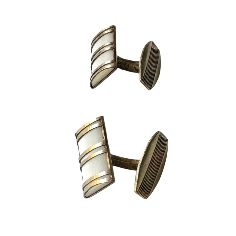 Vintage Designer Rj signed Gold Plated Mother of Pearl Cuff Links